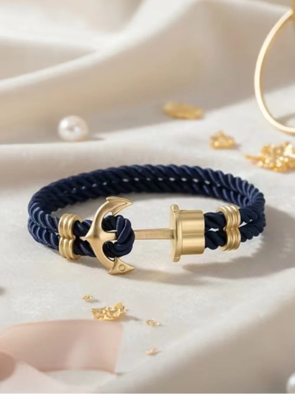 Men's Black Rope Bracelet with Silver Anchor Clasp